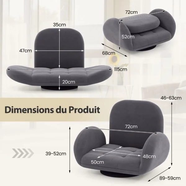 Chaise de Sol Pivotante Chaise de Jeu Pliante avec Dossier et Accoudoirs Réglables Fauteuil de Sol Inclinable Gris