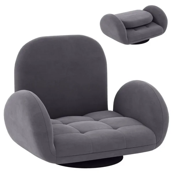 Chaise de Sol Pivotante Chaise de Jeu Pliante avec Dossier et Accoudoirs Réglables Fauteuil de Sol Inclinable Gris