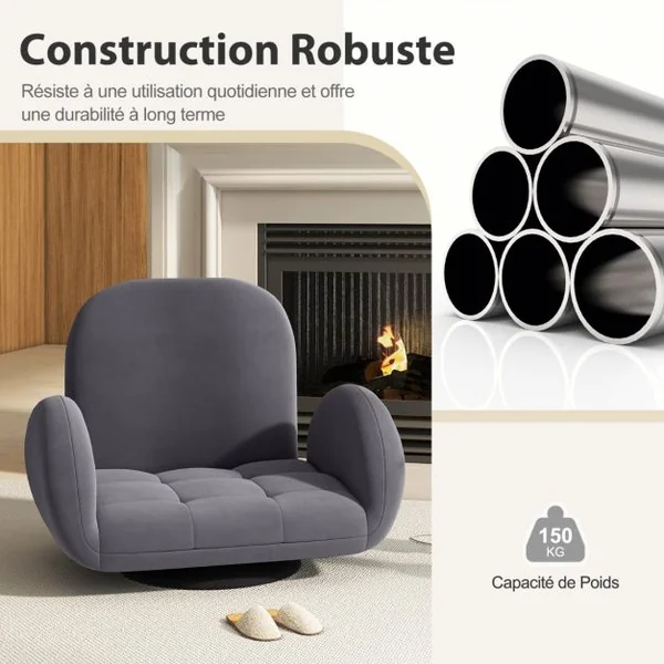 Chaise de Sol Pivotante Chaise de Jeu Pliante avec Dossier et Accoudoirs Réglables Fauteuil de Sol Inclinable Gris