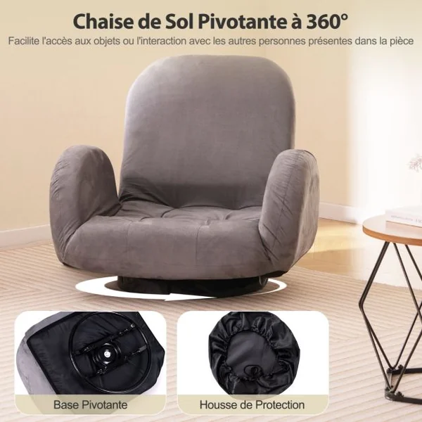 Chaise de Sol Pivotante Chaise de Jeu Pliante avec Dossier et Accoudoirs Réglables Fauteuil de Sol Inclinable Gris