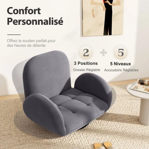 Chaise de Sol Pivotante Chaise de Jeu Pliante avec Dossier et Accoudoirs Réglables Fauteuil de Sol Inclinable Gris