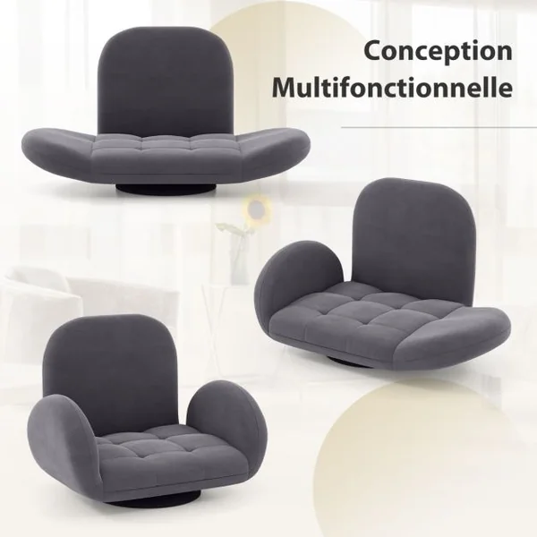 Chaise de Sol Pivotante Chaise de Jeu Pliante avec Dossier et Accoudoirs Réglables Fauteuil de Sol Inclinable Gris