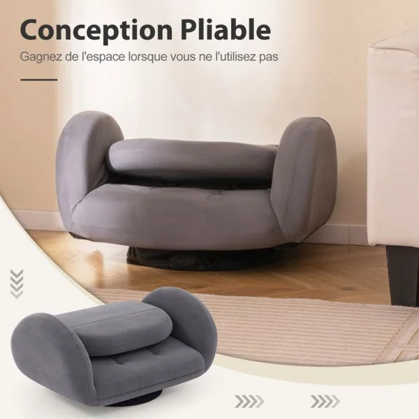 Chaise de Sol Pivotante Chaise de Jeu Pliante avec Dossier et Accoudoirs Réglables Fauteuil de Sol Inclinable Gris