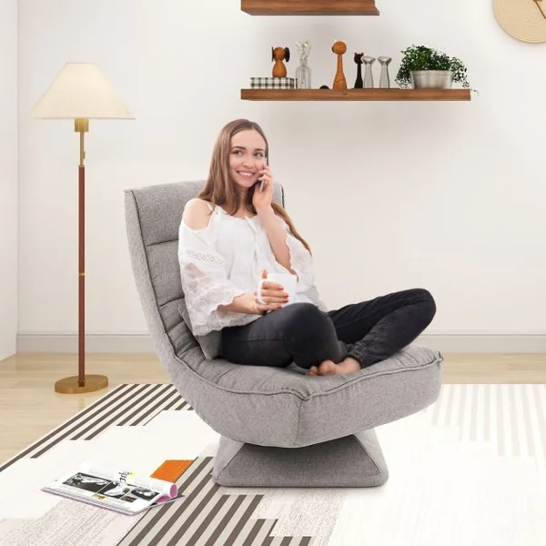 Chaise de Sol Pliable Réglable à 5 Positions Fauteuil Rembourré Pivotante avec Oreiller Lombaire Fauteuil de Salon sans Assemblage Café