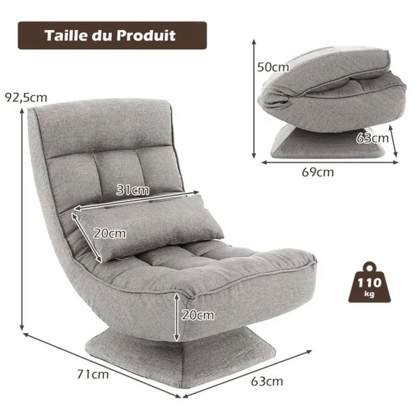 Chaise de Sol Pliable Réglable à 5 Positions Fauteuil Rembourré Pivotante avec Oreiller Lombaire Fauteuil de Salon sans Assemblage Café