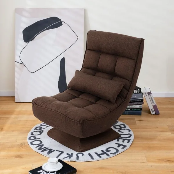 Chaise de Sol Pliable Réglable à 5 Positions Fauteuil Rembourré Pivotante avec Oreiller Lombaire Fauteuil de Salon sans Assemblage Café