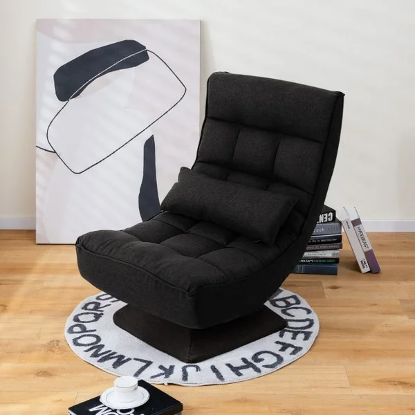 Chaise de Sol Pliable Réglable à 5 Positions Fauteuil Rembourré Pivotante avec Oreiller Lombaire Fauteuil de Salon sans Assemblage Café
