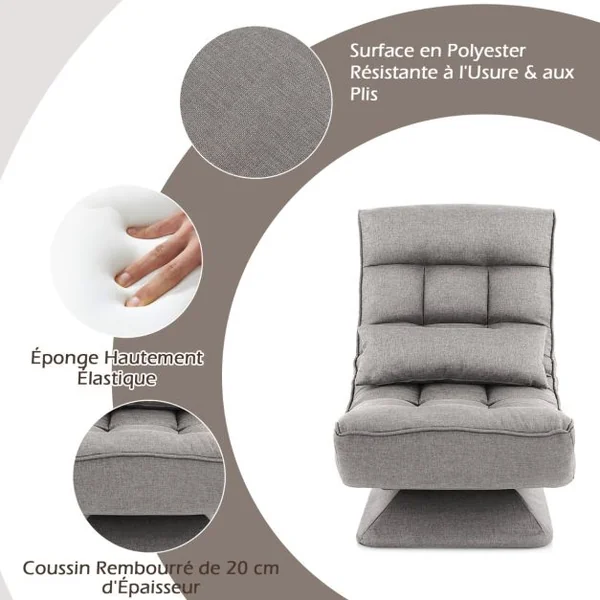 Chaise de Sol Pliable Réglable à 5 Positions Fauteuil Rembourré Pivotante avec Oreiller Lombaire Fauteuil de Salon sans Assemblage Café