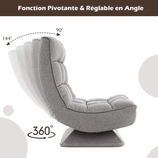 Chaise de Sol Pliable Réglable à 5 Positions Fauteuil Rembourré Pivotante avec Oreiller Lombaire Fauteuil de Salon sans Assemblage Café