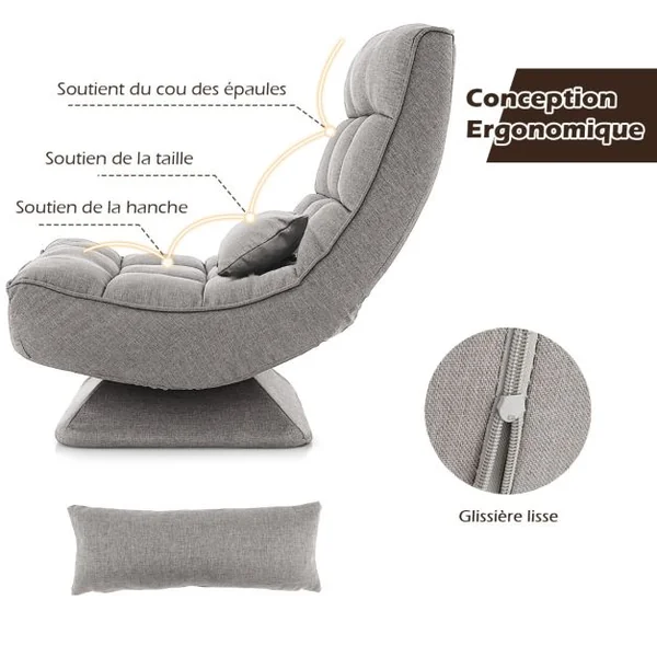 Chaise de Sol Pliable Réglable à 5 Positions Fauteuil Rembourré Pivotante avec Oreiller Lombaire Fauteuil de Salon sans Assemblage Café