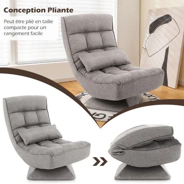 Chaise de Sol Pliable Réglable à 5 Positions Fauteuil Rembourré Pivotante avec Oreiller Lombaire Fauteuil de Salon sans Assemblage Café
