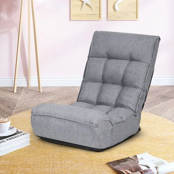 Chaise de Sol Pliante Réglable à 4 Positions Chaise de Sol avec Tête Réglable à 5 Positions et Poche Latérale Gris