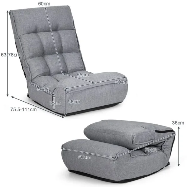 Chaise de Sol Pliante Réglable à 4 Positions Chaise de Sol avec Tête Réglable à 5 Positions et Poche Latérale Gris