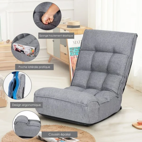 Chaise de Sol Pliante Réglable à 4 Positions Chaise de Sol avec Tête Réglable à 5 Positions et Poche Latérale Gris