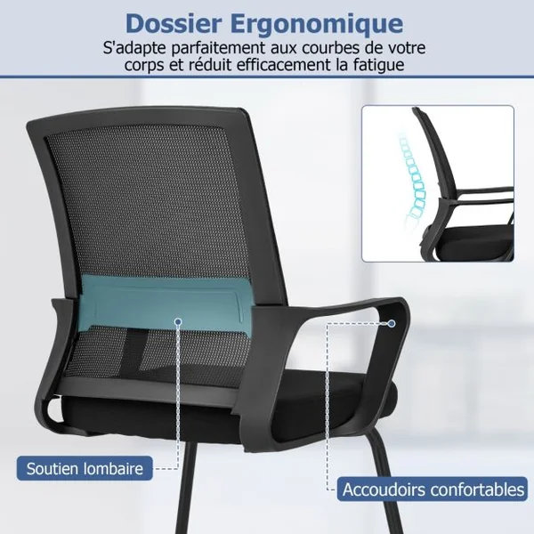 Chaise d'Invité de Bureau de Direction Support Lombaire Base En ‘U’ Chaise Ergonomique en Maille à Dossier Moyen Siège Rembourré Noir