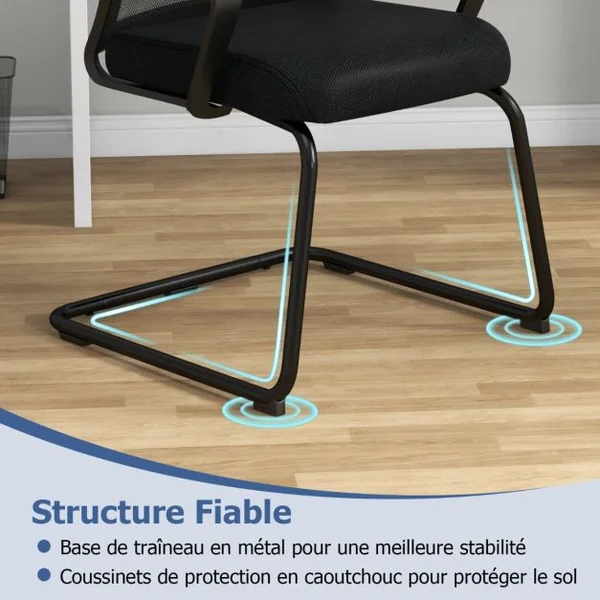 Chaise d'Invité de Bureau de Direction Support Lombaire Base En ‘U’ Chaise Ergonomique en Maille à Dossier Moyen Siège Rembourré Noir