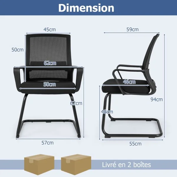 Chaise d'Invité de Bureau de Direction Support Lombaire Base En ‘U’ Chaise Ergonomique en Maille à Dossier Moyen Siège Rembourré Noir
