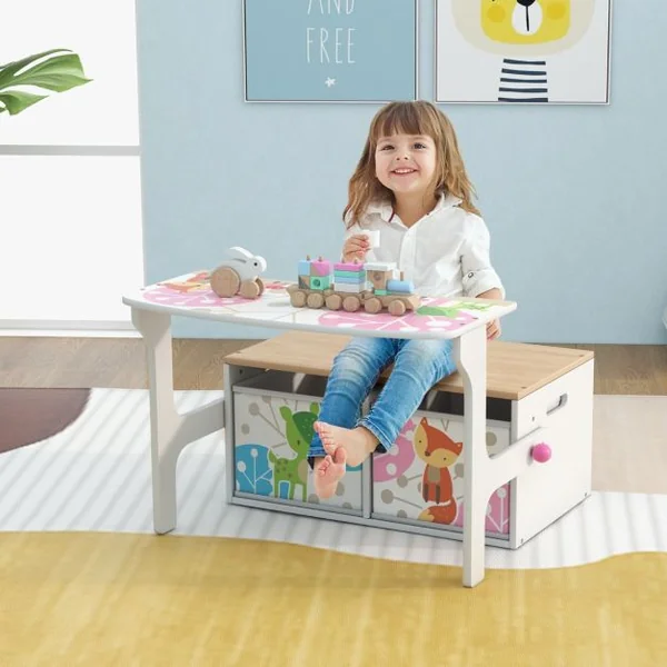 Chaise Enfants Convertible à Ensemble Table et Banc avec Fonction de Rangement 2 Bacs en Tissu Amovibles Blanc/Gris