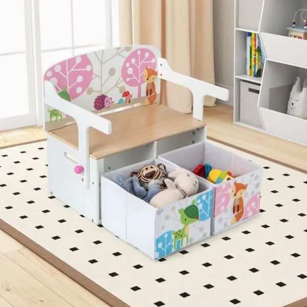 Chaise Enfants Convertible à Ensemble Table et Banc avec Fonction de Rangement 2 Bacs en Tissu Amovibles Blanc/Gris