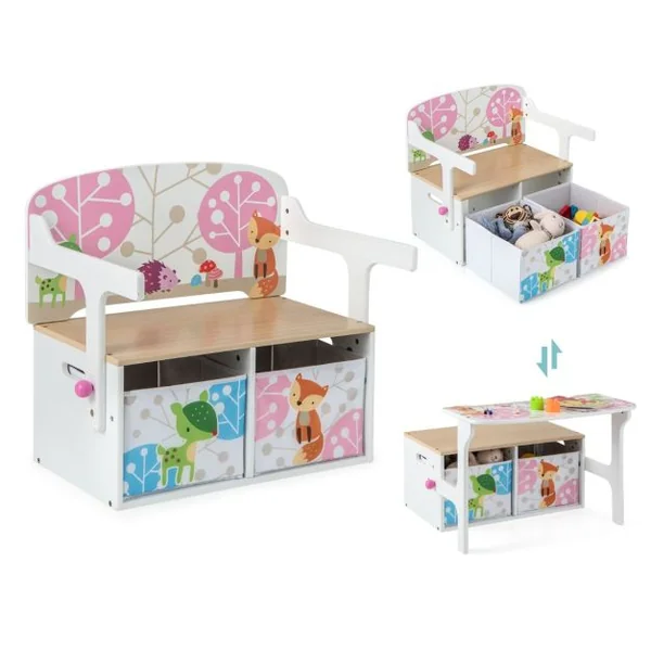 Chaise Enfants Convertible à Ensemble Table et Banc avec Fonction de Rangement 2 Bacs en Tissu Amovibles Blanc/Gris