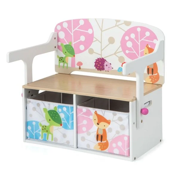 Chaise Enfants Convertible à Ensemble Table et Banc avec Fonction de Rangement 2 Bacs en Tissu Amovibles Blanc/Gris