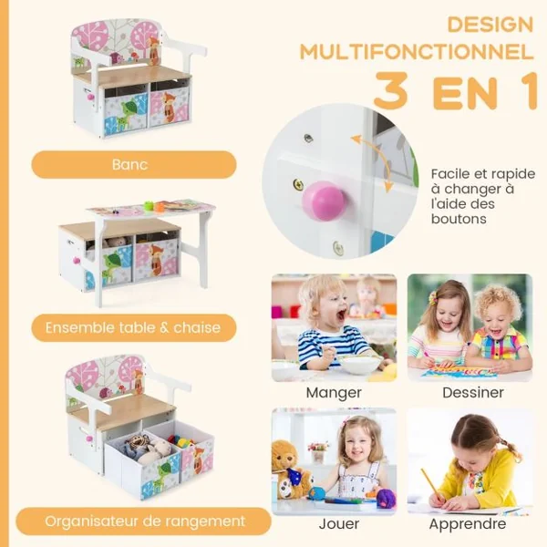 Chaise Enfants Convertible à Ensemble Table et Banc avec Fonction de Rangement 2 Bacs en Tissu Amovibles Blanc/Gris