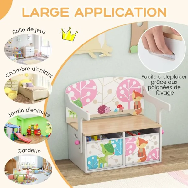 Chaise Enfants Convertible à Ensemble Table et Banc avec Fonction de Rangement 2 Bacs en Tissu Amovibles Blanc/Gris