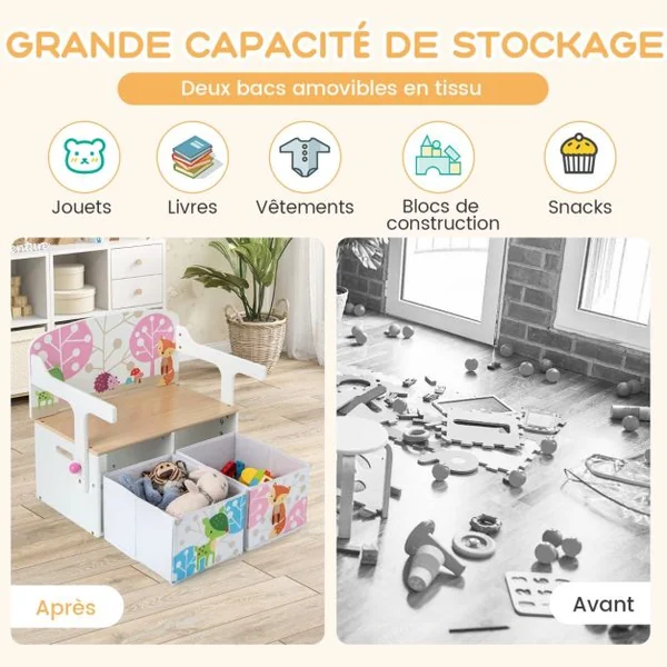 Chaise Enfants Convertible à Ensemble Table et Banc avec Fonction de Rangement 2 Bacs en Tissu Amovibles Blanc/Gris