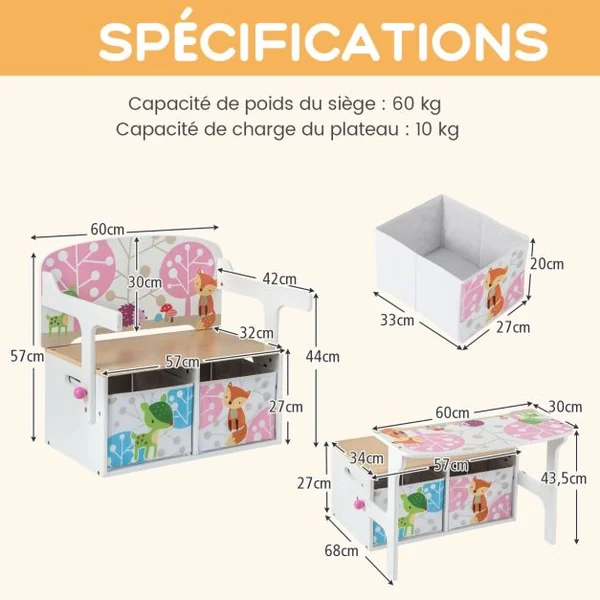 Chaise Enfants Convertible à Ensemble Table et Banc avec Fonction de Rangement 2 Bacs en Tissu Amovibles Blanc/Gris