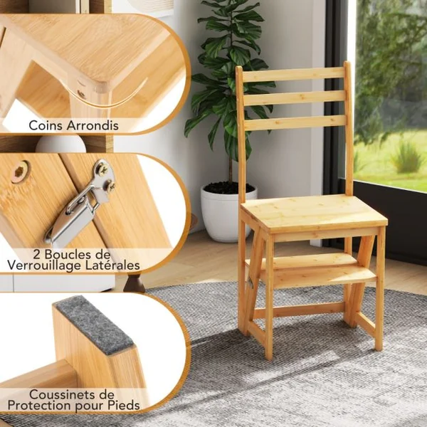 Chaise Escabeau Pliable Escabeau Convertible 3 Marches avec Cadre en Bambou Chaise Escabeau Polyvalente 3-en-1 Capacité de 150 KG Naturel