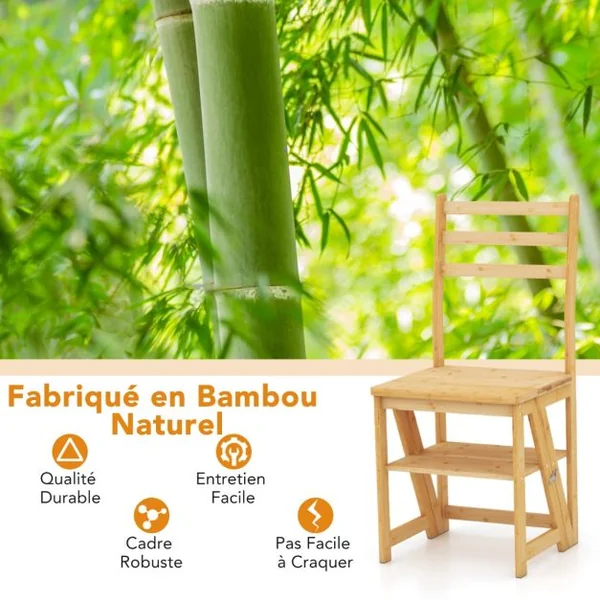 Chaise Escabeau Pliable Escabeau Convertible 3 Marches avec Cadre en Bambou Chaise Escabeau Polyvalente 3-en-1 Capacité de 150 KG Naturel