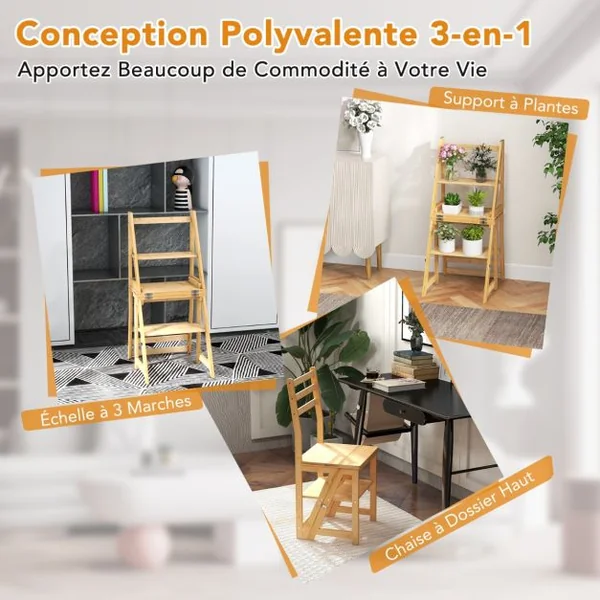 Chaise Escabeau Pliable Escabeau Convertible 3 Marches avec Cadre en Bambou Chaise Escabeau Polyvalente 3-en-1 Capacité de 150 KG Naturel
