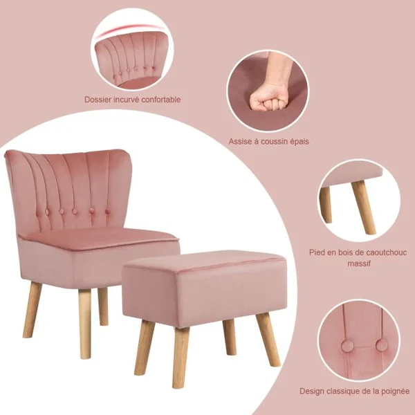 Chaise et Tabouret pour Salle à Mangé avec Surface en Velours Pieds en Bois Hévéa avec Coussin Rembourré Antidérapants Ergonomique Vert