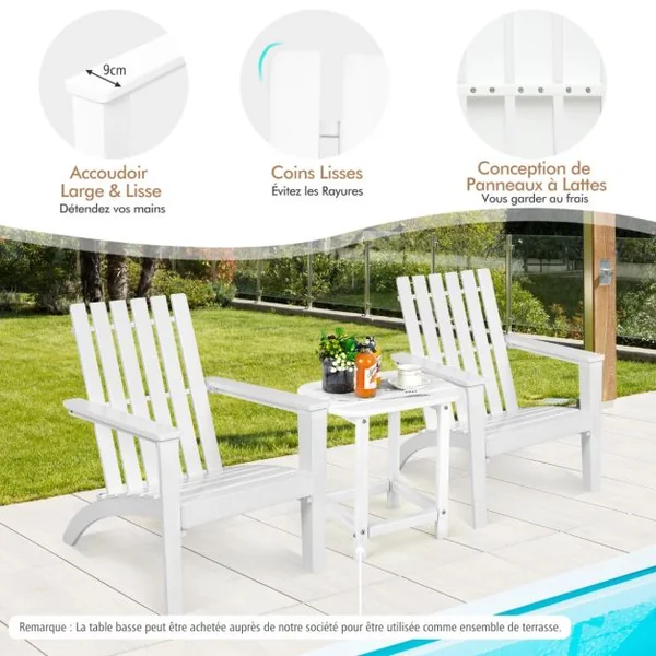 Chaise Extérieur en Bois d'Acacia Design Adirondack Résistant aux Intempéries Charge 160 Kg Salon Terrasse Balcon Blanc/Gris/Naturel