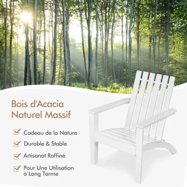 Chaise Extérieur en Bois d'Acacia Design Adirondack Résistant aux Intempéries Charge 160 Kg Salon Terrasse Balcon Blanc/Gris/Naturel