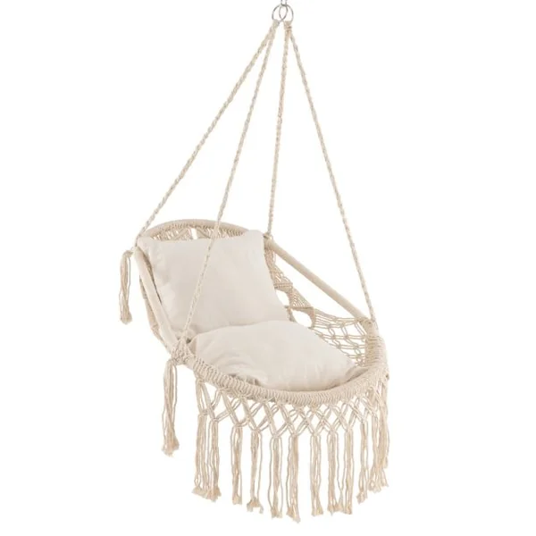 Chaise Fauteuil Suspendue Hamac en Coton Polyester Charge 150KG 2 Coussins Corde Chaîne de Suspension Beige