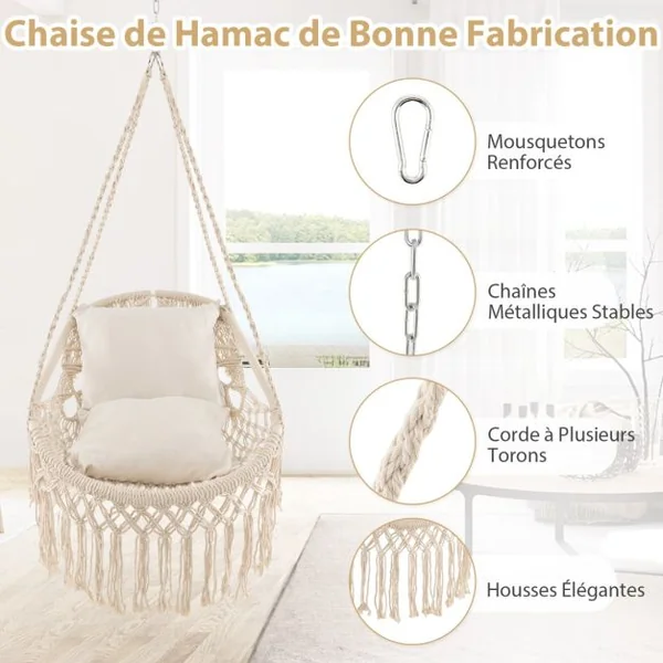 Chaise Fauteuil Suspendue Hamac en Coton Polyester Charge 150KG 2 Coussins Corde Chaîne de Suspension Beige