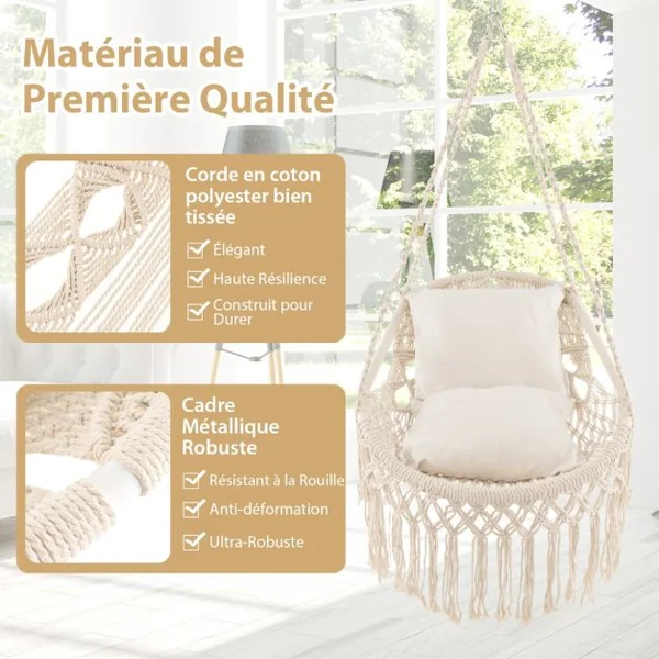 Chaise Fauteuil Suspendue Hamac en Coton Polyester Charge 150KG 2 Coussins Corde Chaîne de Suspension Beige