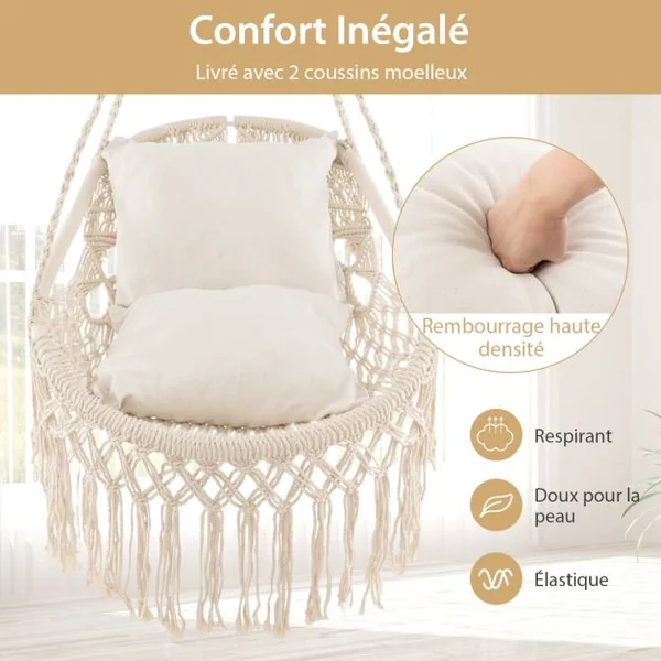 Chaise Fauteuil Suspendue Hamac en Coton Polyester Charge 150KG 2 Coussins Corde Chaîne de Suspension Beige