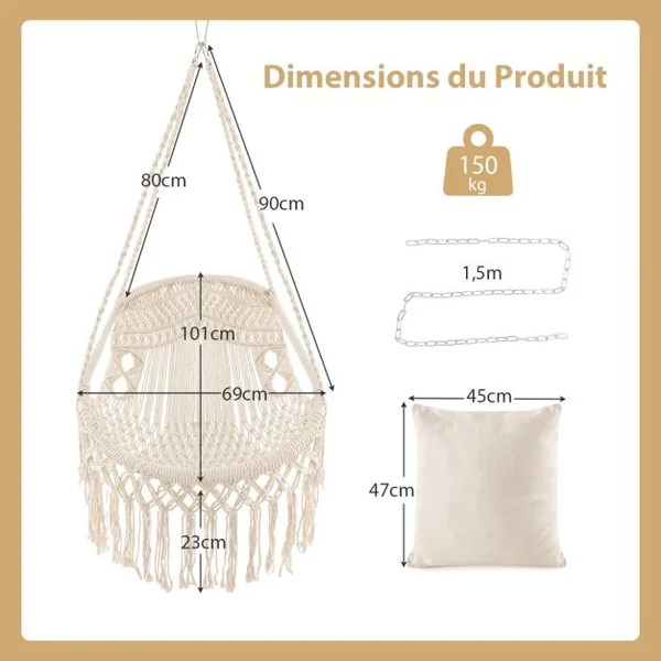 Chaise Fauteuil Suspendue Hamac en Coton Polyester Charge 150KG 2 Coussins Corde Chaîne de Suspension Beige
