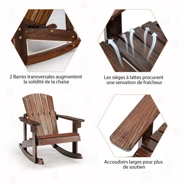 Chaise Fauteuil à Bascule Jardin en Bois de Sapin pour Enfants de 3 Ans+ avec Siège à Lattes et Inclinaison 30° Blanc