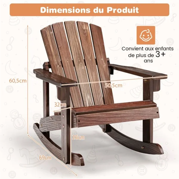 Chaise Fauteuil à Bascule Jardin en Bois de Sapin pour Enfants de 3 Ans+ avec Siège à Lattes et Inclinaison 30° Blanc