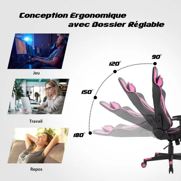 Chaise Gaming de Bascule Siège Gamer Pivotante Ergonomique Fauteuil de Bureau Réglable en Hauteur et Dossier Réglable Support Lombaire et Poche Rose