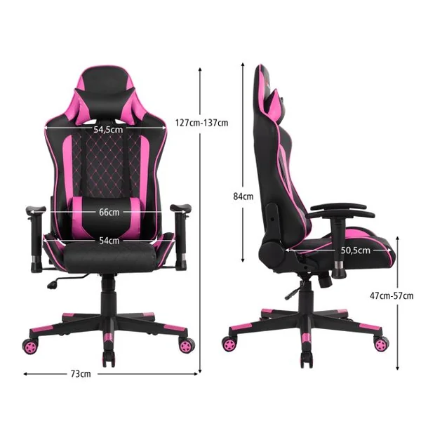Chaise Gaming de Bascule Siège Gamer Pivotante Ergonomique Fauteuil de Bureau Réglable en Hauteur et Dossier Réglable Support Lombaire et Poche Rose