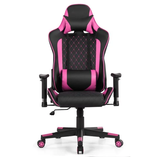 Chaise Gaming de Bascule Siège Gamer Pivotante Ergonomique Fauteuil de Bureau Réglable en Hauteur et Dossier Réglable Support Lombaire et Poche Rose
