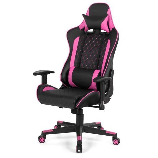 Chaise Gaming de Bascule Siège Gamer Pivotante Ergonomique Fauteuil de Bureau Réglable en Hauteur et Dossier Réglable Support Lombaire et Poche Rose