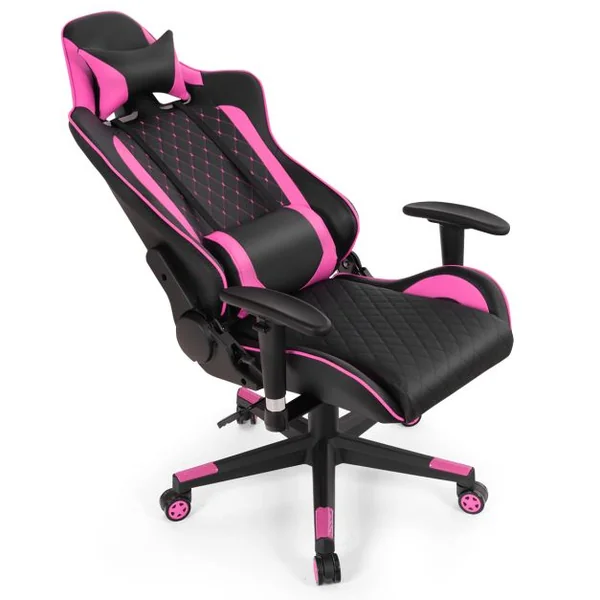 Chaise Gaming de Bascule Siège Gamer Pivotante Ergonomique Fauteuil de Bureau Réglable en Hauteur et Dossier Réglable Support Lombaire et Poche Rose