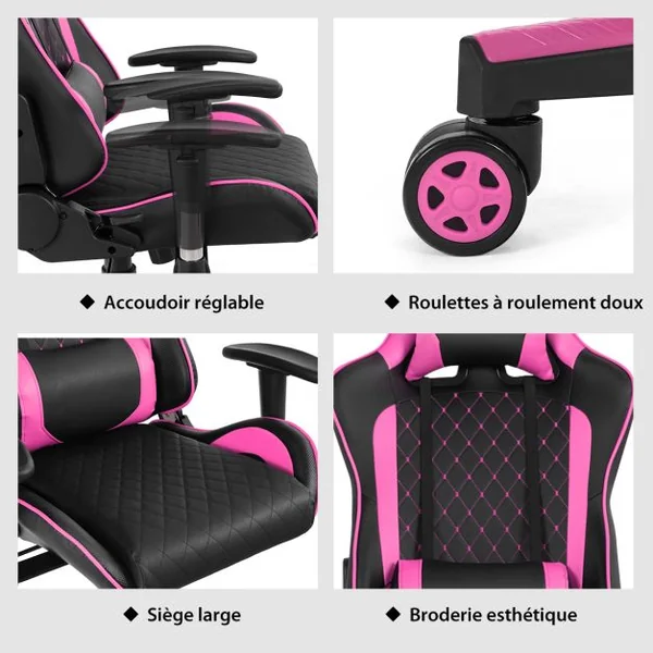 Chaise Gaming de Bascule Siège Gamer Pivotante Ergonomique Fauteuil de Bureau Réglable en Hauteur et Dossier Réglable Support Lombaire et Poche Rose