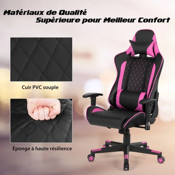 Chaise Gaming de Bascule Siège Gamer Pivotante Ergonomique Fauteuil de Bureau Réglable en Hauteur et Dossier Réglable Support Lombaire et Poche Rose