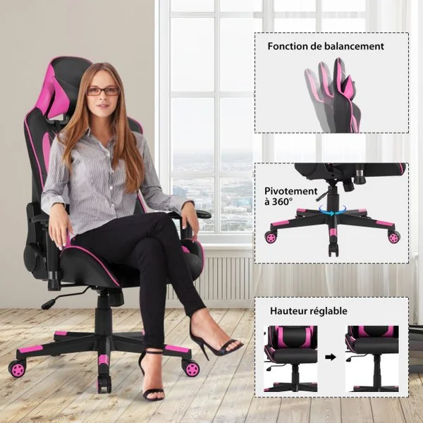 Chaise Gaming de Bascule Siège Gamer Pivotante Ergonomique Fauteuil de Bureau Réglable en Hauteur et Dossier Réglable Support Lombaire et Poche Rose